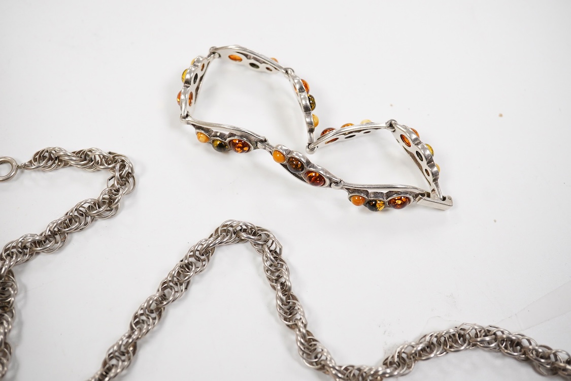 A 9ct gold bracelet, 18cm, 3.5 grams and a quantity of silver, white metal, 925 and costume jewellery, a gold plated half hunter pocket watch contained in a jewellery box.